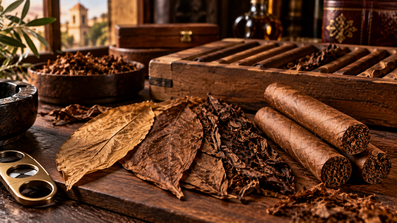 Premium handmade cigars and tobacco leaves representing wrapper, binder, filler and traditional cigar craftsmanship